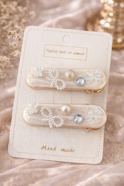 Hei Butterfly Detailed Pearl Stone Transparent Luxury Hair Clip Set of 2