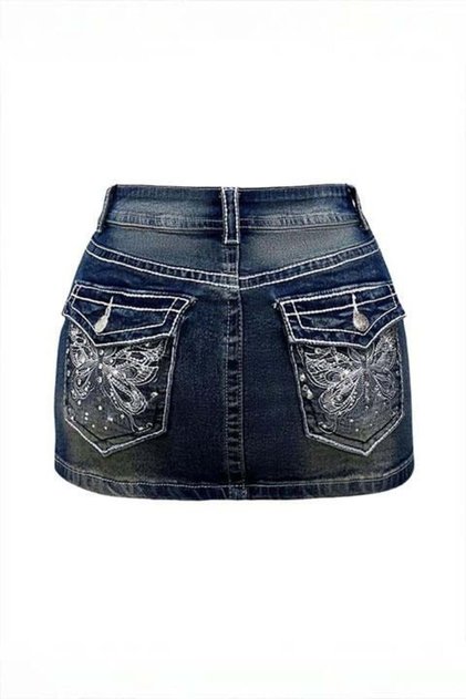 Blue Butterfly Embroidered Y2K Denim Skirt