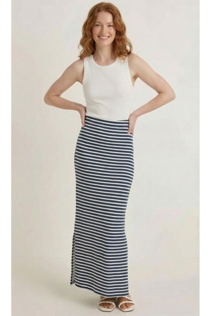 Slit Detailed Viscose Maxi Skirt with Elastic Waist in Navy Blue and White Striped Pattern