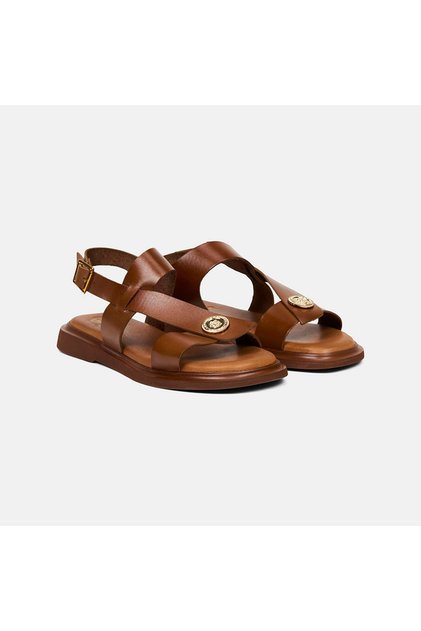 Women's Tan Leather Sandals with Adjustable Buckle and Gold Accessories