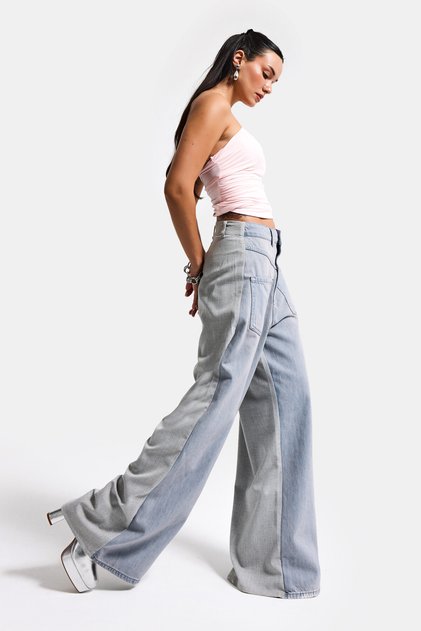 Women's Gray Jeans 2S6-89 Mega Baggy Double-Piece Design Denim Jeans with Front Pockets