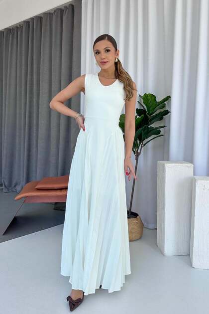 V-Neck Side Pleated Women's Dress - White