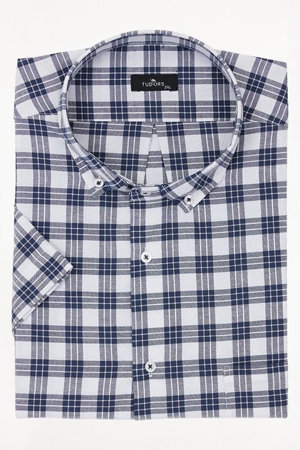 Men's Big Size Plus Size Cotton Buttoned Collar Short Sleeve Single Pocket Checkered Shirt