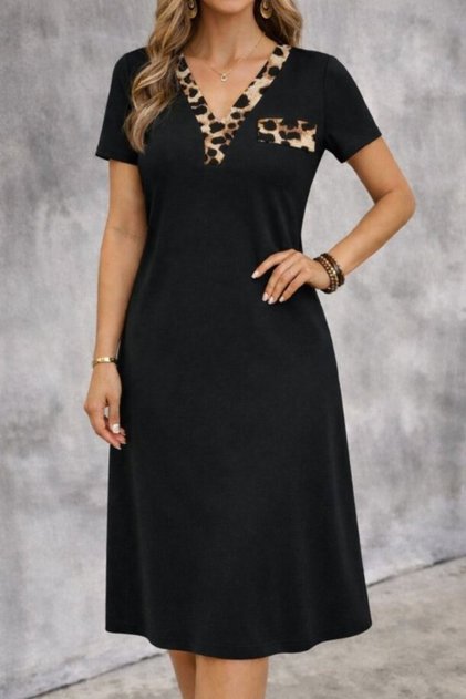 Women's V-Neck Ornamental Pocket Detailed Viscose Midi Dress Short Sleeve Lightweight Casual Elegance