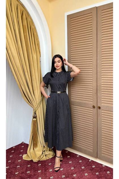 Women's Black Polka Dot Belted Midi Length Buttoned Shirt Collar Dress