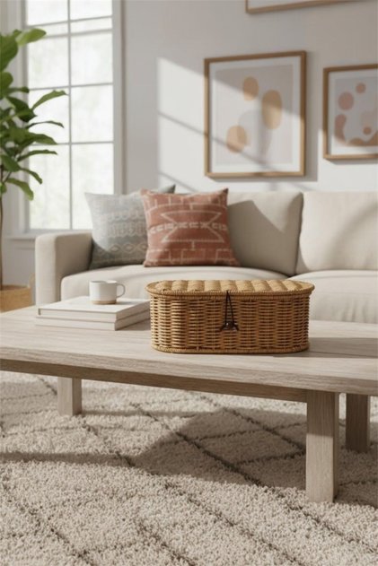 9241 Osi Oval Rattan Covered Basket Storage Box - Wicker Multi-Purpose Organizer Presentation Box