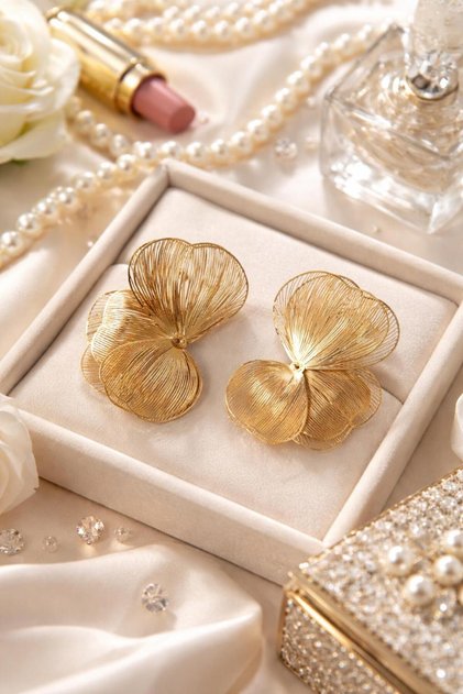 Gold Color Big Flower Earrings – Vintage Stylish Design Women's Earrings, Accessory for Special Occasions & Events