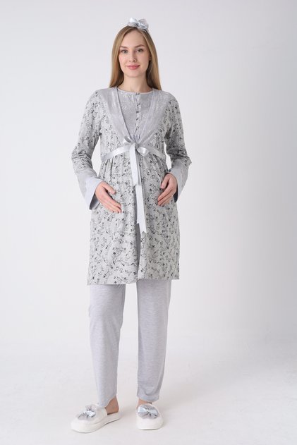 Floral Patterned Maternity Dressing Gown & Pajama Set of 3 - Breastfeeding Compatible Set for Expecting Mothers