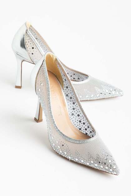 Women's Thin Heeled Evening Dress Shoes Silver Mesh with Stone Embellishments