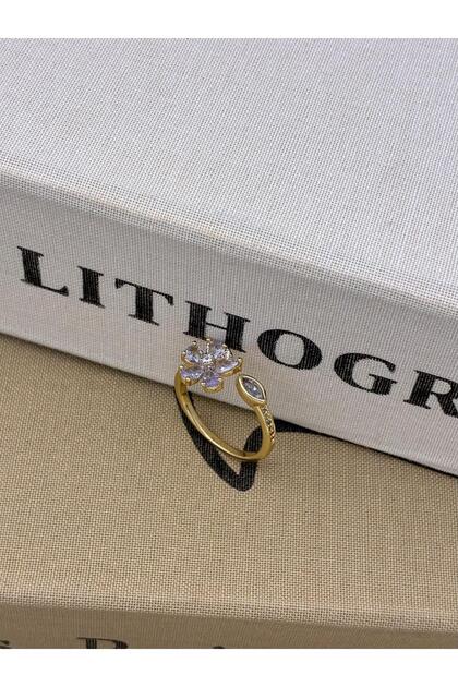Gold Color Daisy Model Zircon Stone Drop Stone Detailed Adjustable Minimal Brass Ring