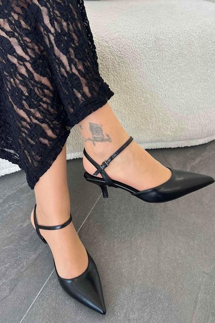 Luna Open Back Buckle Leather Heeled Shoes Black
