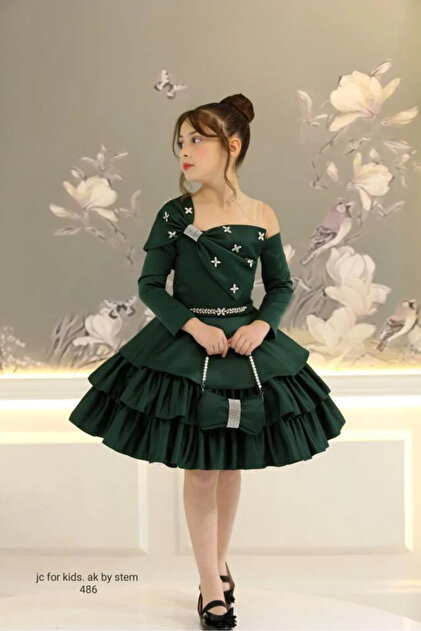 JC Girls' Fluffy Dress for Eid and Parties in Emerald Green- Trendyol