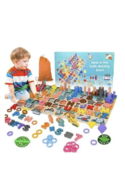 Joc Montessori din lemn 7 in 1 logaritmic – cifre, litere, forme, stivuire si pescuit magnetic