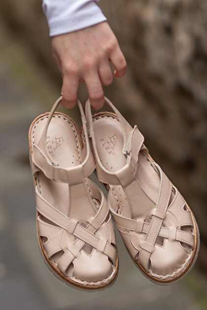 Cosi̇n (438) Genuine Leather Velcro Strap Orthopedic Comfortable Lightweight Women's Daily Sandals Real Leather Beige