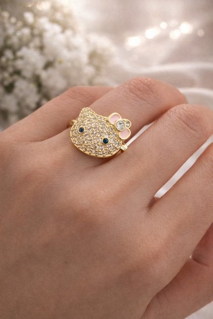 Women's Gold Color Ring with Stone Cat Figure – Stylish and Cute Design with Zircon Stone