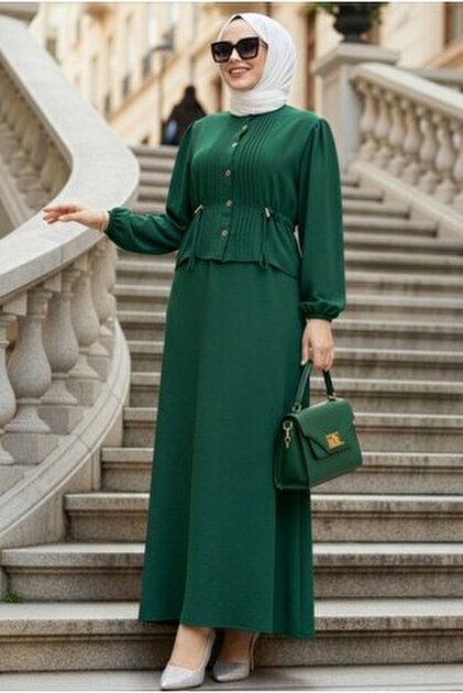 green dress hijab combination Nabia Sea Green Aline Abaya with Black Georgette Hijab