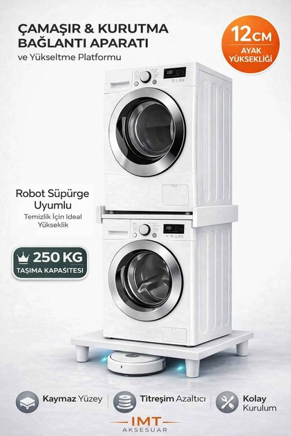 Çamaşır & Kurutma Makinesi Bağlantı Aparatı Yükseltici Platform 12 CM Beyaz Robot Süpürge Uyumlu