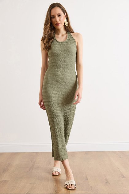 Women's Green Halter Neck Midi Textured Dress Elb-19002627