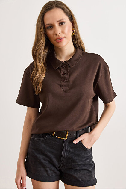 Women's Brown Polo Collar Button Detailed Tok Cotton T-Shirt Tsh-19000973