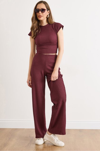 Women's Plum Drape Detailed Blouse and Pants Set Tkm-19000487