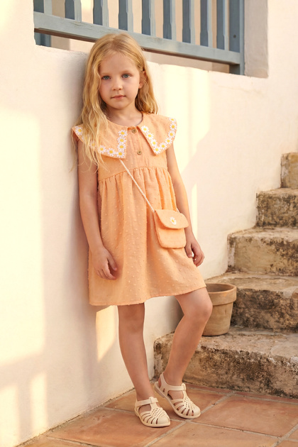 Girl's Summer Dress with Floral Embroidery and Bag - Orange