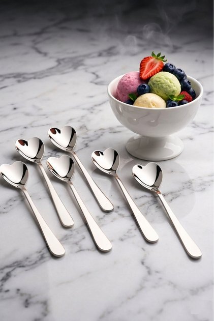 Luxury - 6-Piece Heart Model Dessert and Ice Cream Spoon - Stainless 304 Quality Steel