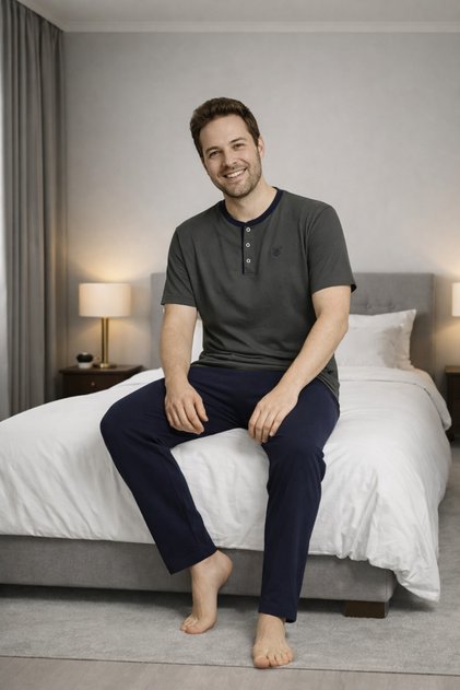 Men's 100% Natural Cotton Short Sleeve Buttoned High Quality Battal Pajama Set