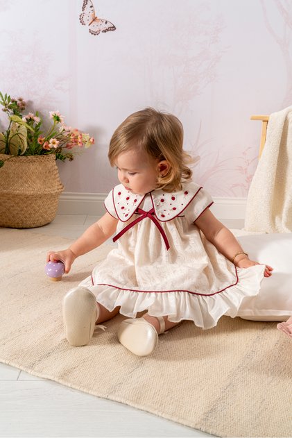 Bebikim Nakış İşlemeli Bebek Elbisesi - Yakası Çiçek Detaylı Bandanalı Kız Bebek Elbise