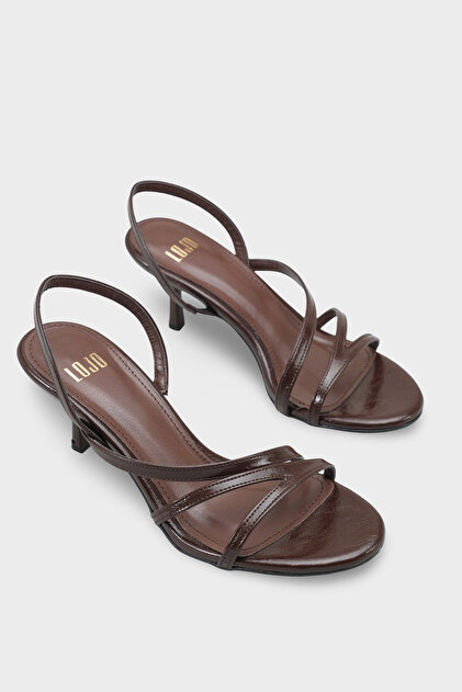 Women's Oval Toe Elegant Thin Strap Detailed Daily Heeled Sandals Lema Brown