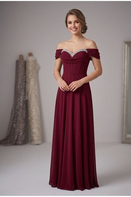 YAKASI TAŞLI BEL DETAY UZUN ELBİSE 41158