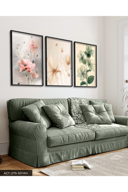 Delicate Colorful Flowers 3 Pieces Black Wooden Framed Painting Act