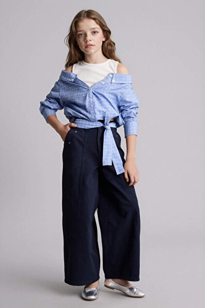 100% Cotton Wide Baggy Fit Gabardine Trousers for Girls H4436A826Sm