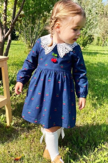 Girl's Navy Blue Cherry Patterned Lace Collar Cotton Dress