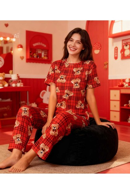 Crew Neck Red Plaid Teddy Bear Pattern Stylish Comfortable Soft Women's Pajama Set