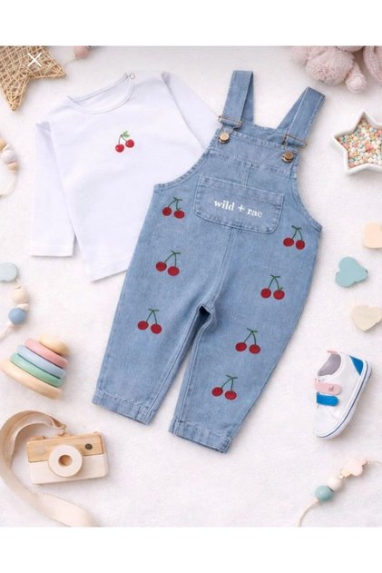 Baby Girl Cherry Embroidered Long Sleeve Stretchy 2-Piece Salopet Set