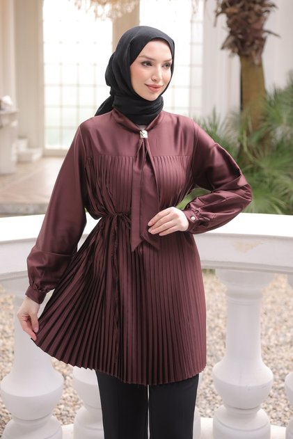 Plum Color Scarf Collar Pleated Tunic