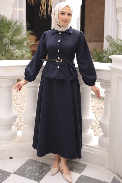 Navy Blue Bel Pens Stitched Dabıl Shirt Skirt Set