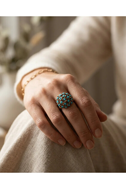 Bronze Ring Authentic Jewelry Turquoise Stone Topaz Model Adjustable Vintage Women's Ring
