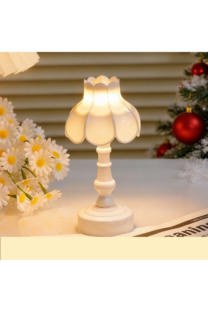 Lale Tasarım Vintage Masa Lambası - Estetik Mini Abajur Gece Lambası Beyaz