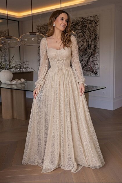 zoezoe Daliya-Extra Slim Fit Lace Balloon Sleeve Corset Front Slit Evening  Dress- Trendyol