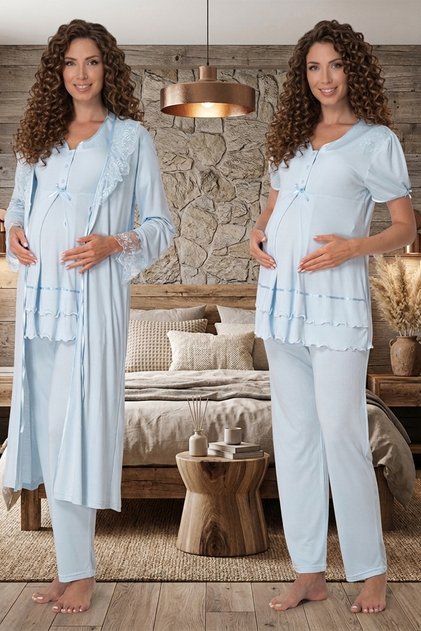 Maternity Pajama Set with Hidden Nursing Feature and Lace Dressing Gown