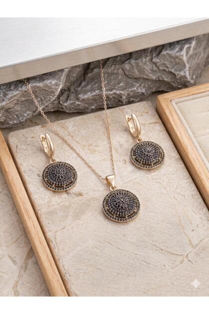 Natural Zircon Stone Bronze Jewelry Set – Stylish Earrings and Necklace Set | Elegant Women's Jewelry with Embossed Pattern