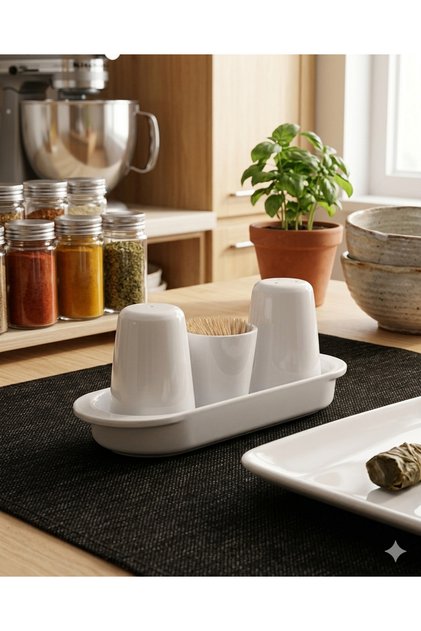 Unbreakable Thermo Melamine 4-Piece Salt Shaker, Pepper Shaker, Toothpick Holder Set - 20X5X7 cm - White