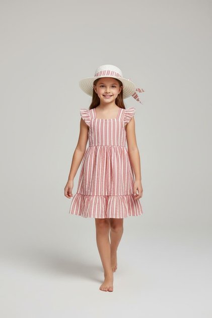 Girls' New Season Cotton Striped Dress Set with Hat, 2 Pieces, Ages 4-8