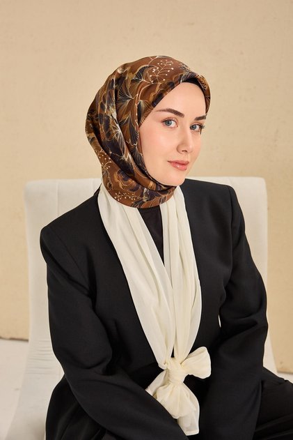 Twill Silk Scarf Large Floral Brown 90X90