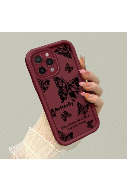 iPhone 12 Pro Max Compatible Burgundy Butterfly Silicone Case with Camera Protection, Shock Absorbing, Comfortable Grip