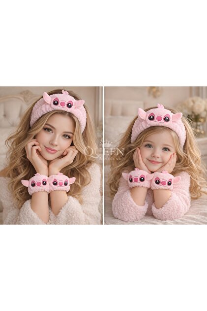 QUEEN AKSESUAR Pembe stitch Peluş 3 boyutlu 3lü Bandana Bileklik