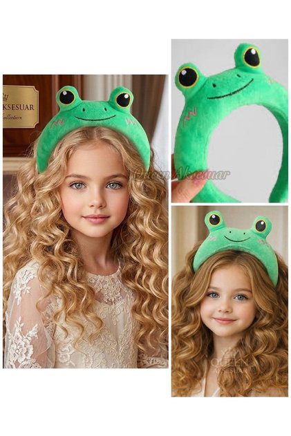Dark Green Cute-Eyed Frog Animal Plush 3D Bombeli Sponge Wide Crown Children's Crown