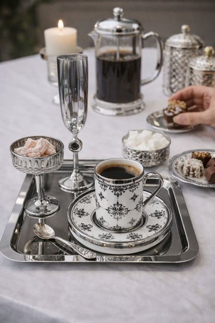 Silver Coffee Presentation Set – Silver Coffee Cup, Turkish Coffee Pot, Coffee Saucer and Tray - Luxury Coffee Set