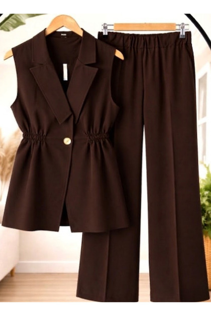 Brown Double Crepe Fabric Vest and Pants Set | Women's High Waist | Double Pocket | Modern Combination
